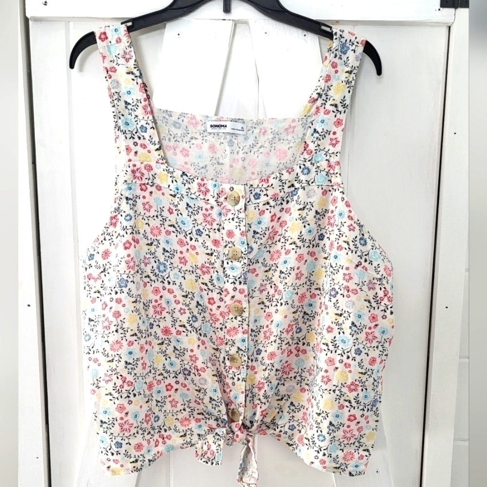 Ditsy Floral Linen Blend Button Crop Tie Tank